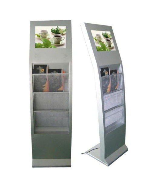 Black 21.5 Inch Floor Standing Digital Signage With Magazine Newspaper Shelf